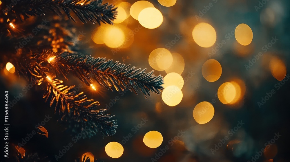 Poster close-up of a frosted pine branch adorned with warm, golden lights against a bokeh background.