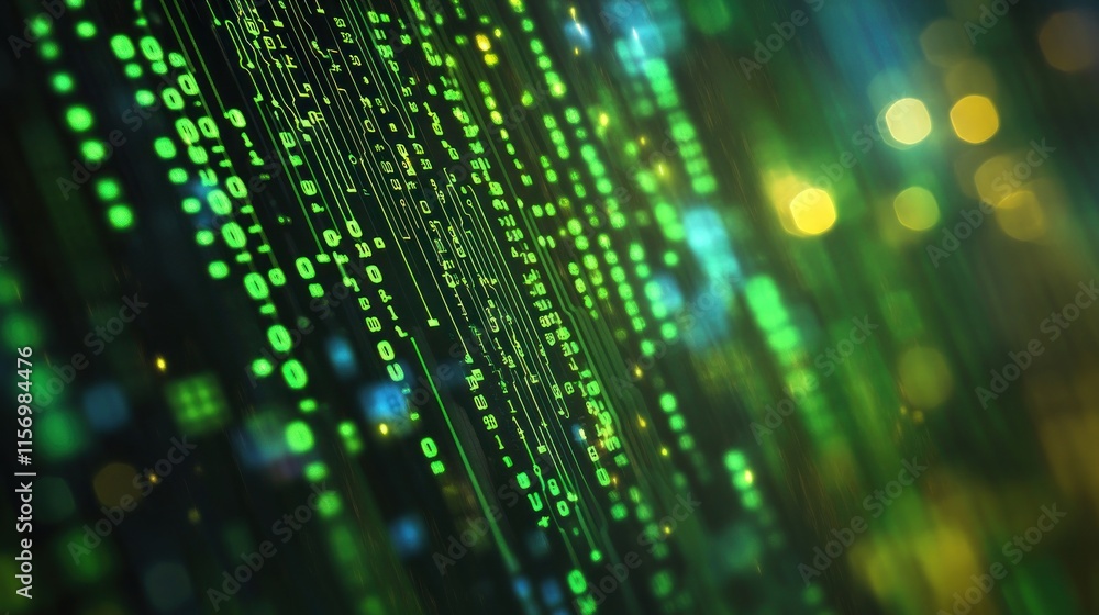 Poster Abstract digital data stream, glowing green binary code cascading down.