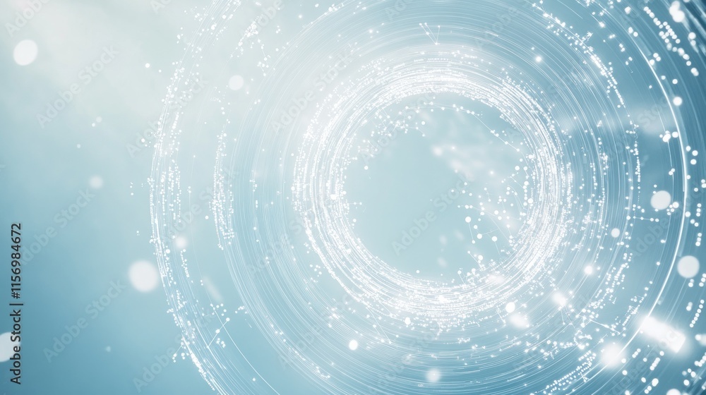Poster abstract swirling light trails forming a circular pattern on a soft blue background.