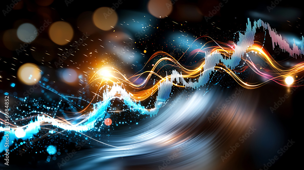 Poster dynamic light waves and energy patterns abstract digital art vibrant colors futuristic environment h