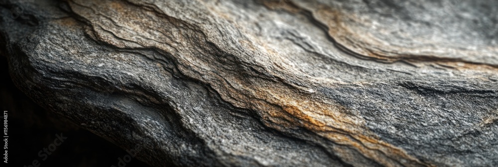 Poster close-up of a rock's textured surface, showing layers and color variations in grey, brown, and black