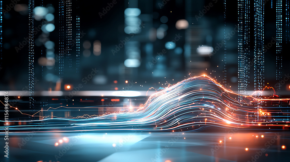 Poster dynamic digital waves representing data flow modern office abstract art high-tech environment close-