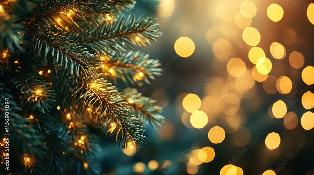 Aufkleber Illuminated pine branch with bokeh lights.