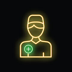 Neon sign of a doctor wearing medical scrubs and a surgical mask, shining on a black background