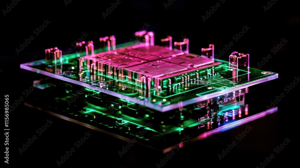 Poster close-up of a glowing, transparent computer chip on a circuit board, illuminated in pink and green.