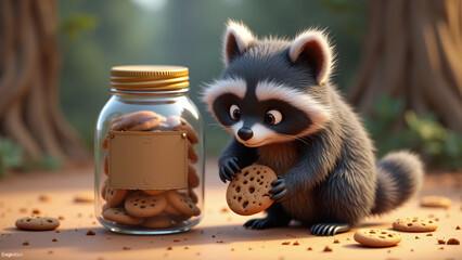 Fototapeta premium A cute raccoon holding a cookie next to a jar of cookies in a forest setting.