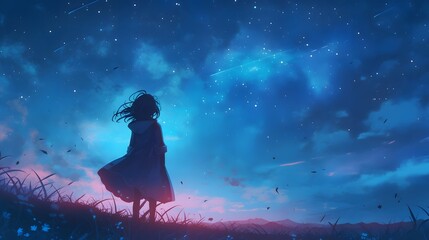 Anime girl looking at night sky with a feeling of wonder, lofi