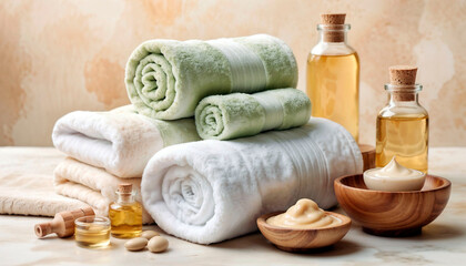 Spa still life with rolled towels, essential oils, and skincare products, alternative medicine
