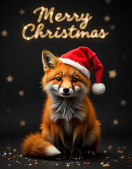 Merry Christmas with red fox wearing Santa Claus hat