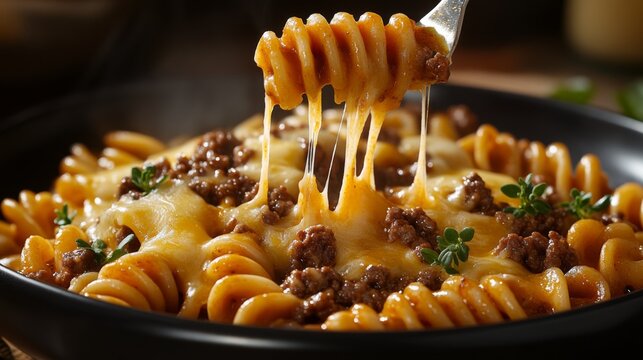 A deliciously cheesy rotini pasta dish topped with a rich, flavorful meat sauce and garnished with fresh herbs, exuding warmth and culinary delight.