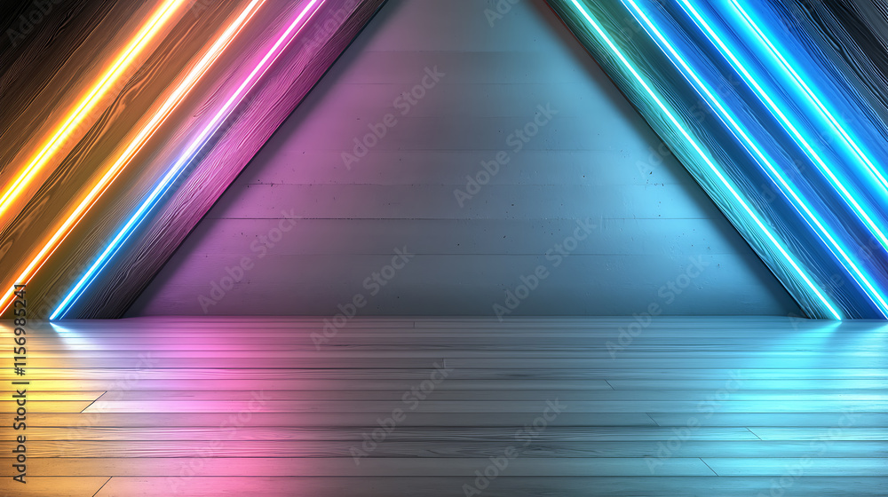 Poster dynamic neon triangle light display modern studio digital art scene illumination wide angle creative