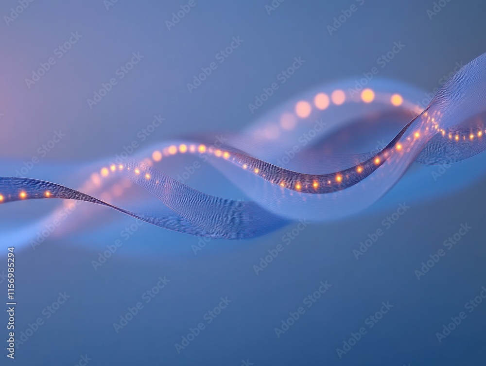 Poster abstract blue wave with glowing orange particles.