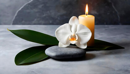 Spa still life with white orchid, candle, stone, and green leaves, alternative medicine
