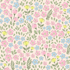 Vector illustration. Seamless pattern of pastel tiny pink, blue, yellow flowers on a light background. Delicate floral pattern, field of small  flowers, print for fabric, textile, wallpaper, baby 