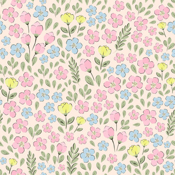 Vector illustration. Seamless pattern of pastel tiny pink, blue, yellow flowers on a light background. Delicate floral pattern, field of small  flowers, print for fabric, textile, wallpaper, baby 