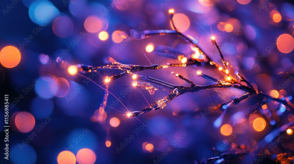 Poster illuminated winter branches with bokeh lights.