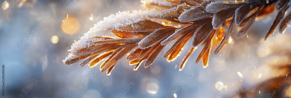 Aufkleber close-up of frost-covered pine branch in sunlight.