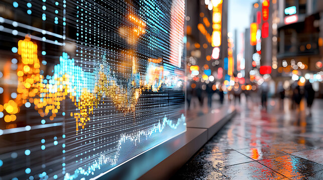 Market trends analysis urban cityscape digital data visualization nighttime environment close-up viewpoint financial insights