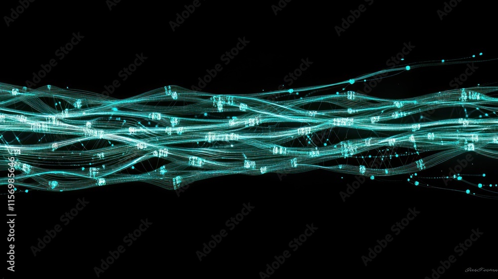 Poster Abstract teal glowing lines and numbers flowing on black background.