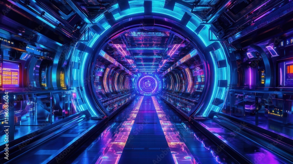 Aufkleber futuristic neon-lit corridor with glowing circular portals.