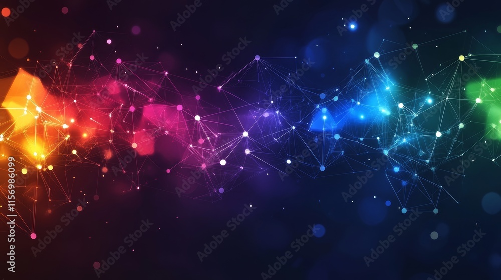 Poster abstract colorful background with glowing particles and lines.