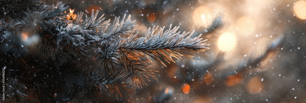 Aufkleber close-up of a frost-covered pine branch with bokeh lights in the background.