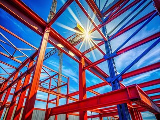 Modern Construction: Red Metal Beams, Blue Crane, Sunny Sky - Rule of Thirds Composition