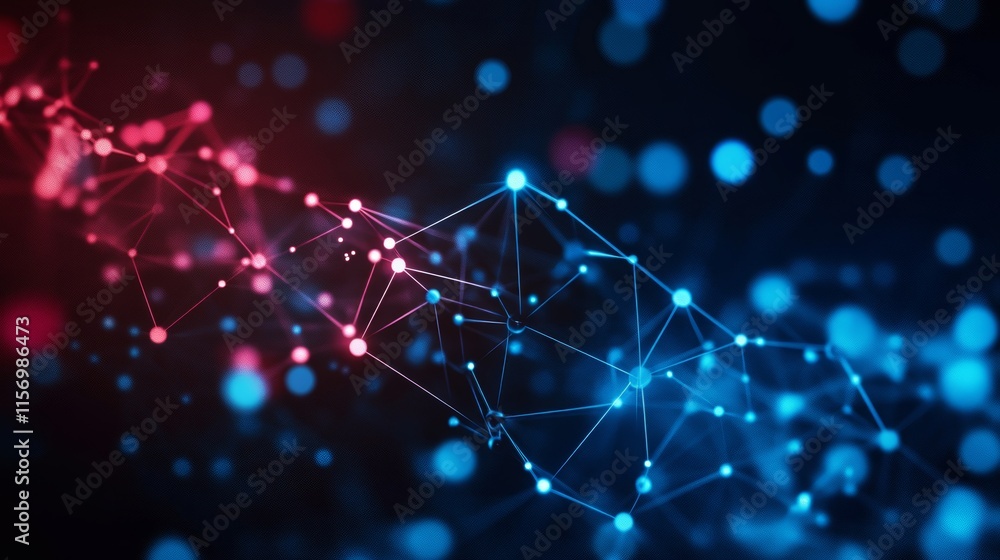 Poster abstract digital network connection concept. blue and red glowing nodes and lines.