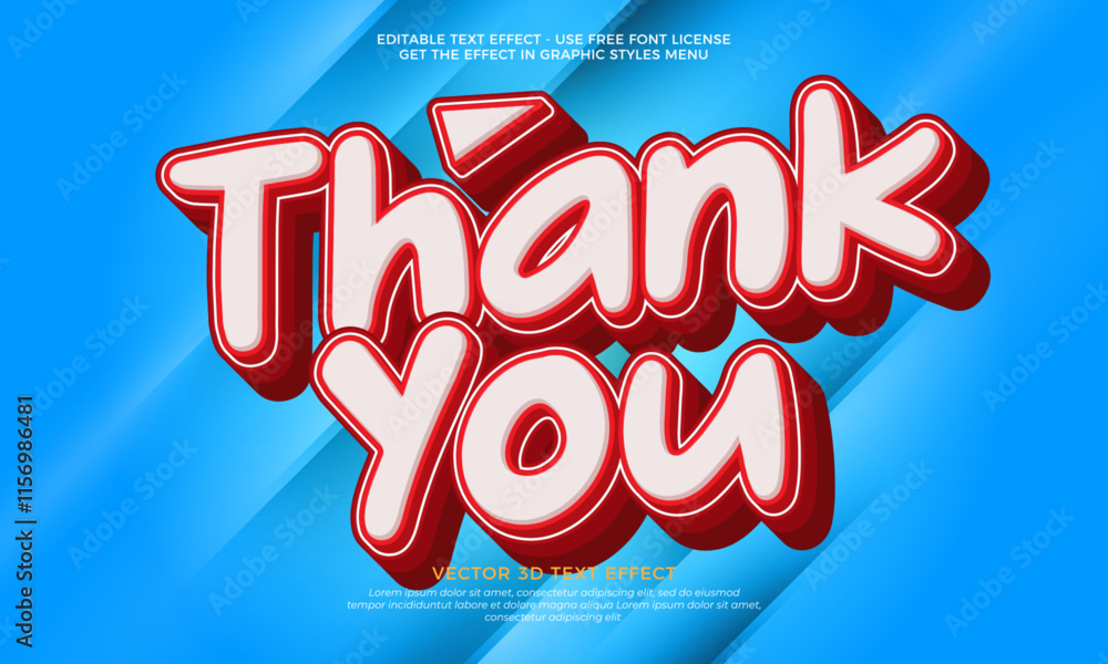 Poster thank you text effect vector design with red and white colors in 3d letter effect