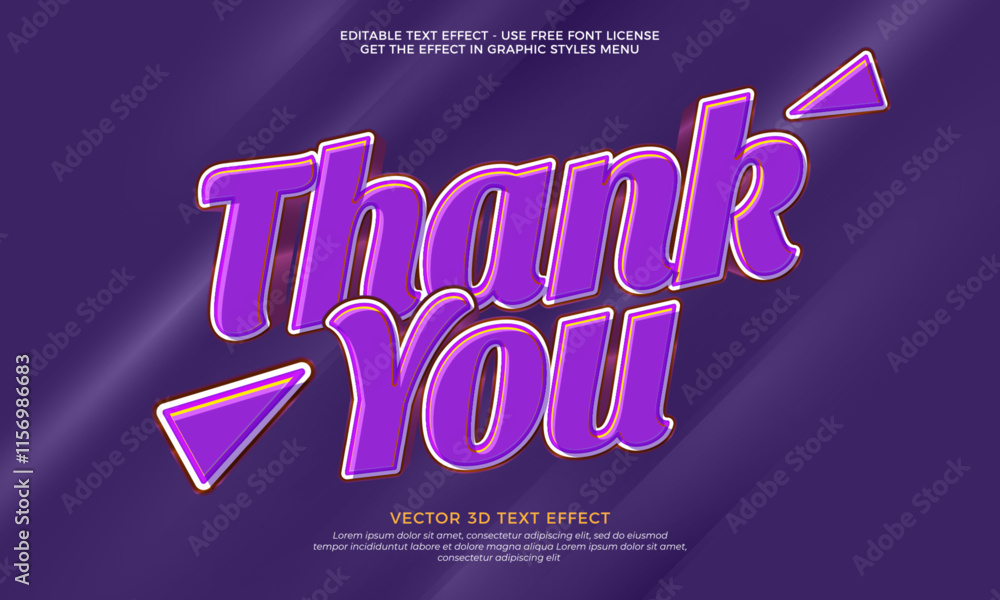 Poster thank you text effect vector design with shiny colors in 3d letter effect