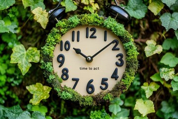 A clock with numbers made of eco-materials showing "time to act".