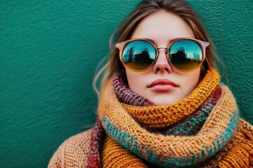 Woman with large sunglasses and colorful scarf on the background of green wall.