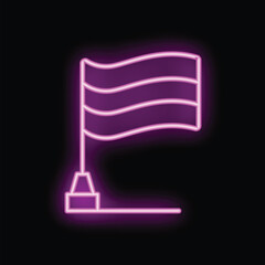 Neon pink flag waving on flagpole icon illustration on black background