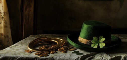 Green Leprechaun Hat and Gold Coins Display on a Table with a Clover Leaf Decor, a Festive Scene for Celebrating St. Patrick's Day or Irish Culture