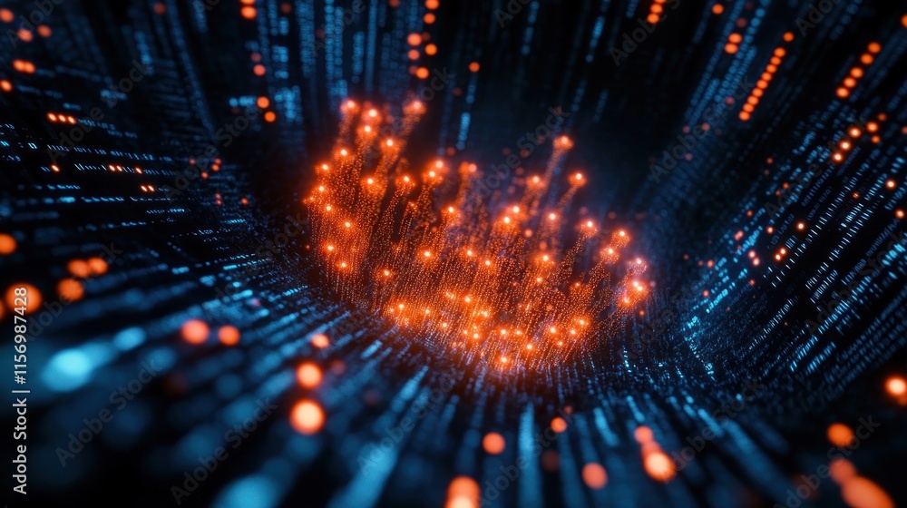 Leinwandbilder abstract digital data stream with glowing orange particles forming a cluster within a blue tunnel.