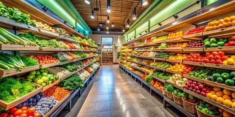 Fototapeta premium Modern Grocery Store Aisle with Fresh Produce and Colorful Packaging