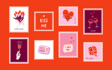 Set of cute postage stamps for Valentine's Day. Colorful holiday posters. Love theme prints for greeting card and textile. Hand drawn flat design vector illustration.