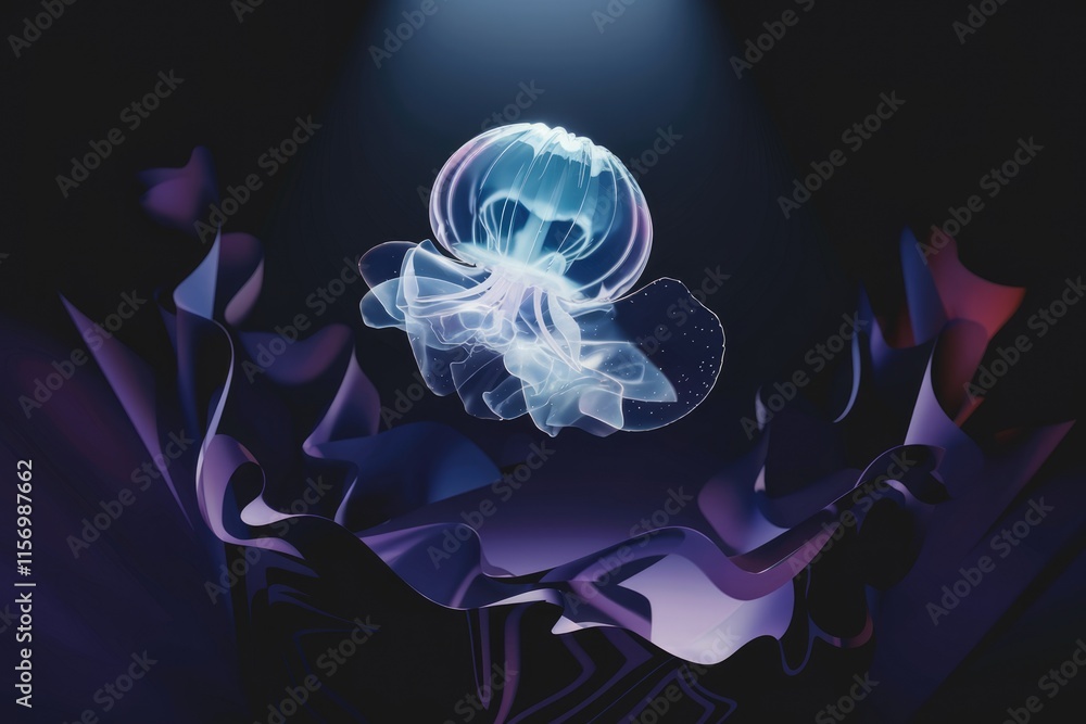 Poster a translucent jellyfish gracefully floats in a dark, abstract environment of flowing, purple fabrics