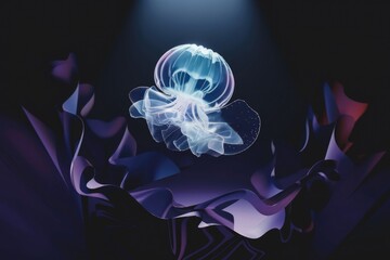 A translucent jellyfish gracefully floats in a dark, abstract environment of flowing, purple fabrics.