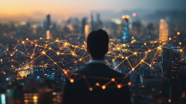 Abstract businessman stands on the peak of success amid tall, innovative Smart city and graphs with statistics to analyze business potential and predict future developments in company growth. - Powered by Adobe