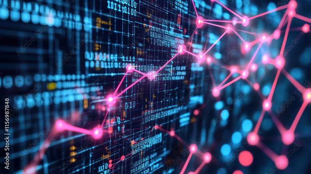 Fototapete Abstract digital network data flow visualization with glowing nodes and lines.