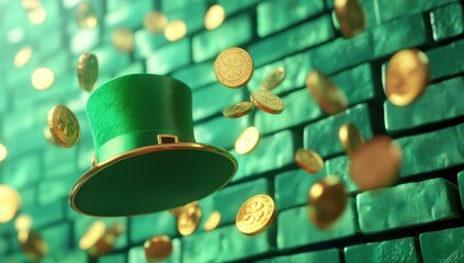 Green Leprechaun Hat Surrounded by Falling Gold Coins Against a Vibrant Green Brick Background for Celebrating St. Patrick’s Day or Irish Festivities