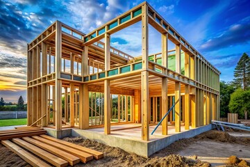 Obraz premium Modern House Construction: Architectural Plans in Action - Rule of Thirds Composition