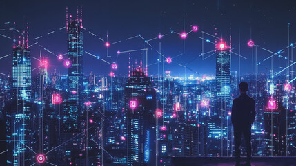 Fototapeta premium Smart digital Innovation city with connection network reciprocity over the cityscape. of future smart wireless digital city and social media networking systems that connects people with in city