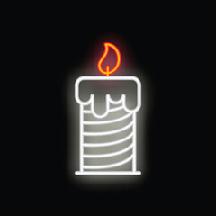 Neon sign of a melting candle burning with a bright flame on a black background