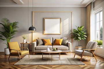 Fototapeta premium Modern Living Room Interior Design: Blank Wall Frame, Sofa, Chair & Coffee Table Stock Photo