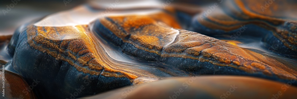 Poster close-up of tiger eye stone showing intricate patterns and textures of orange and blue hues.