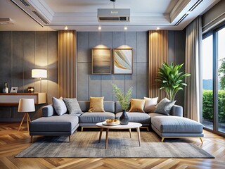 Fototapeta premium Modern Living Room Interior Design with Wall-Mounted Air Conditioner