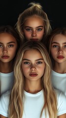 Obraz premium Four women, closely resembling each other in features and expressions, stand in a group wearing white shirts, presenting a theme of unity and individuality together.
