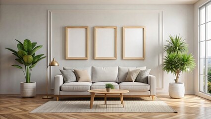 Modern Living Room Mockup: Three Empty Frames for Art Display
